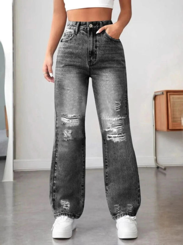 Distressed High Waisted Jeans - ShalayeFashion