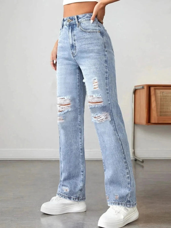 Distressed High Waisted Jeans - ShalayeFashion