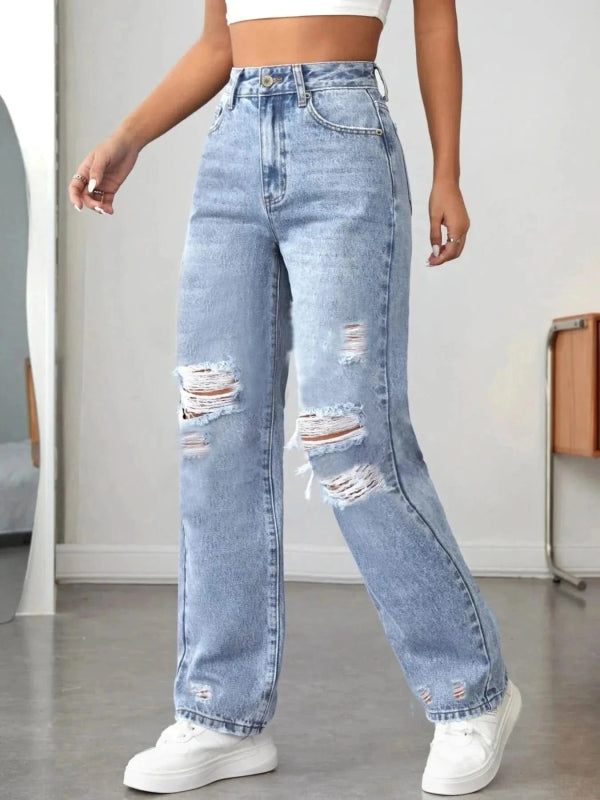 Distressed High Waisted Jeans - ShalayeFashion