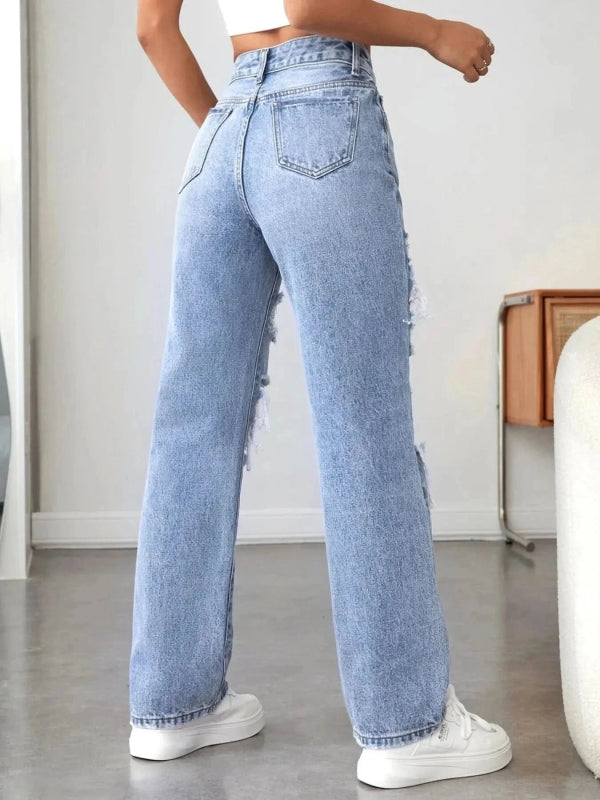 Distressed High Waisted Jeans - ShalayeFashion