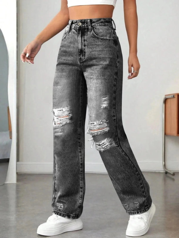 Distressed High Waisted Jeans - ShalayeFashion
