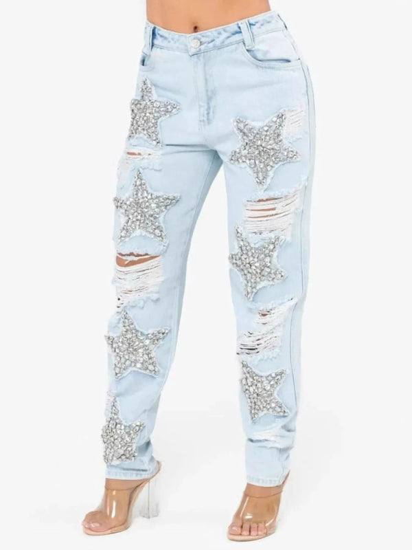 Distressed Star Wash Boyfriend Jeans - ShalayeFashion