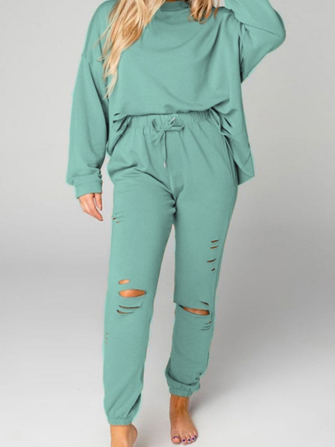 Distressed Sweatshirt and Joggers Set - ShalayeFashion