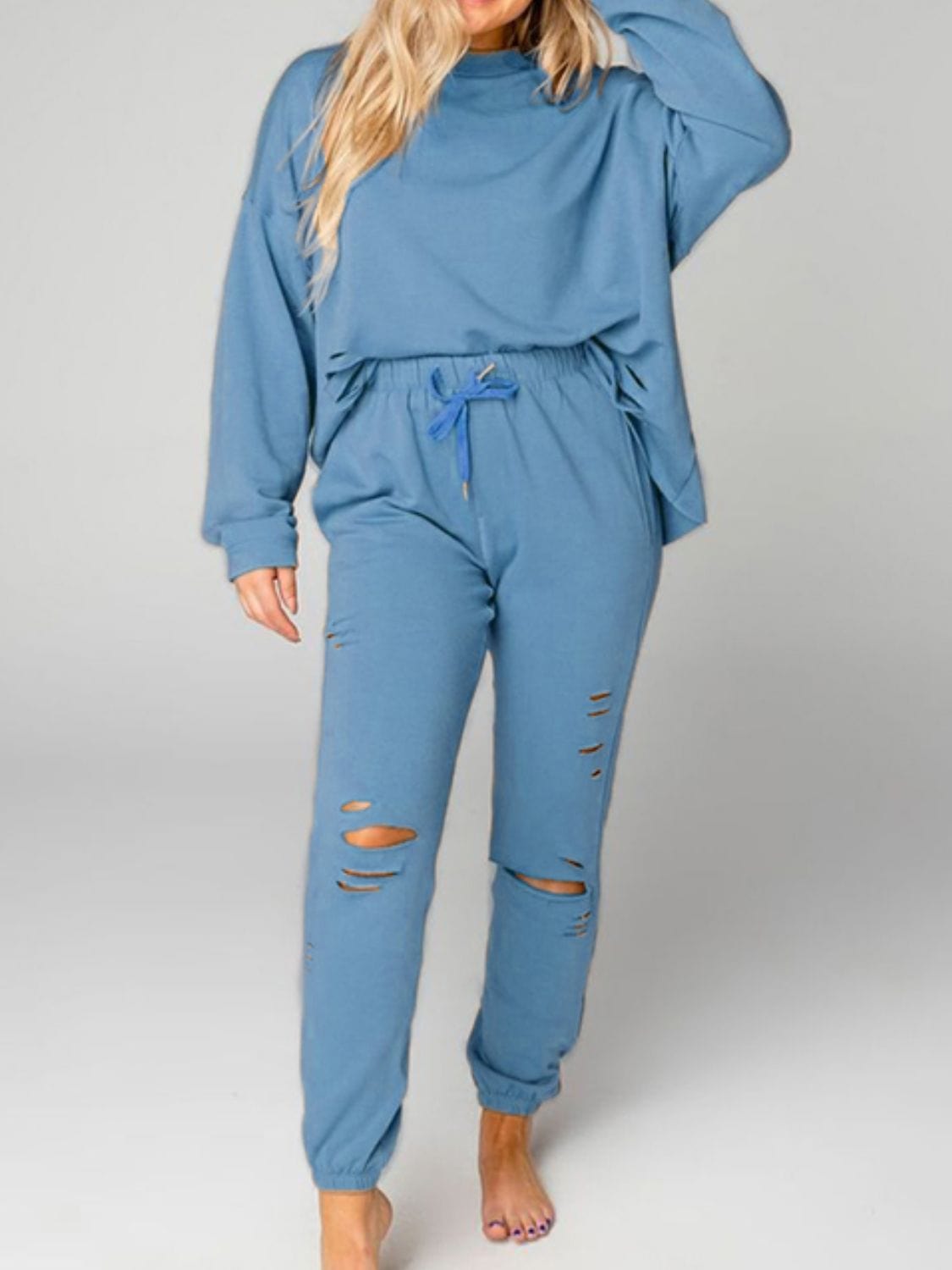 Distressed Sweatshirt and Joggers Set - ShalayeFashion
