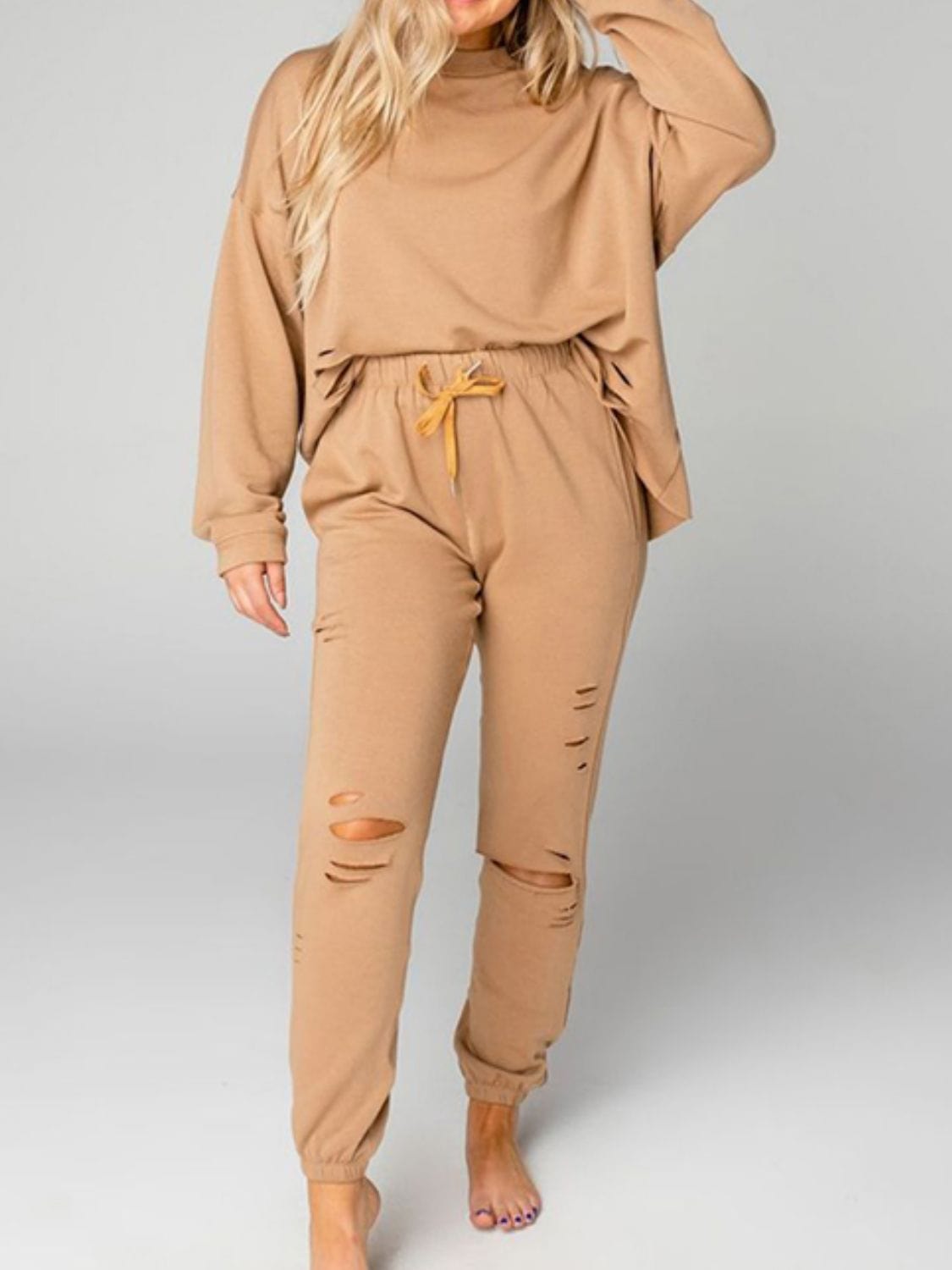Distressed Sweatshirt and Joggers Set - ShalayeFashion