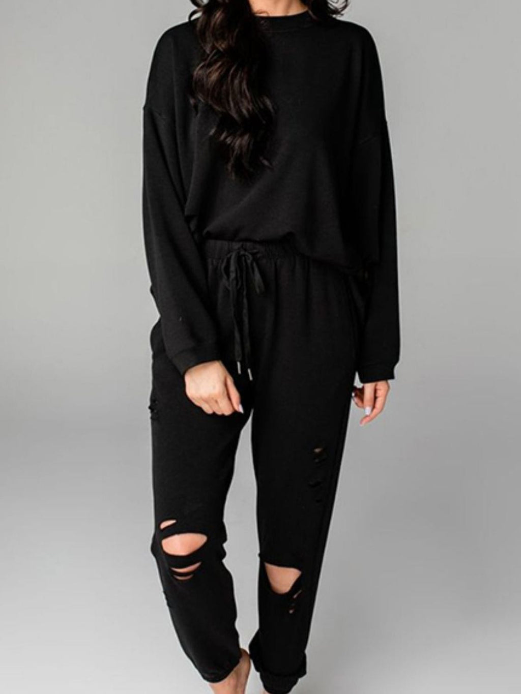 Distressed Sweatshirt and Joggers Set - ShalayeFashion