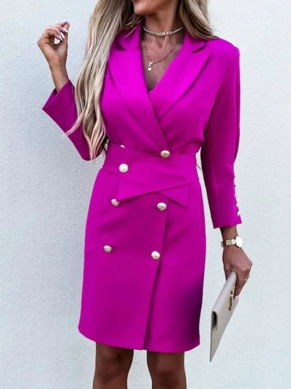 Double - Breasted Lapel Collar Longline Blazer - ShalayeFashion