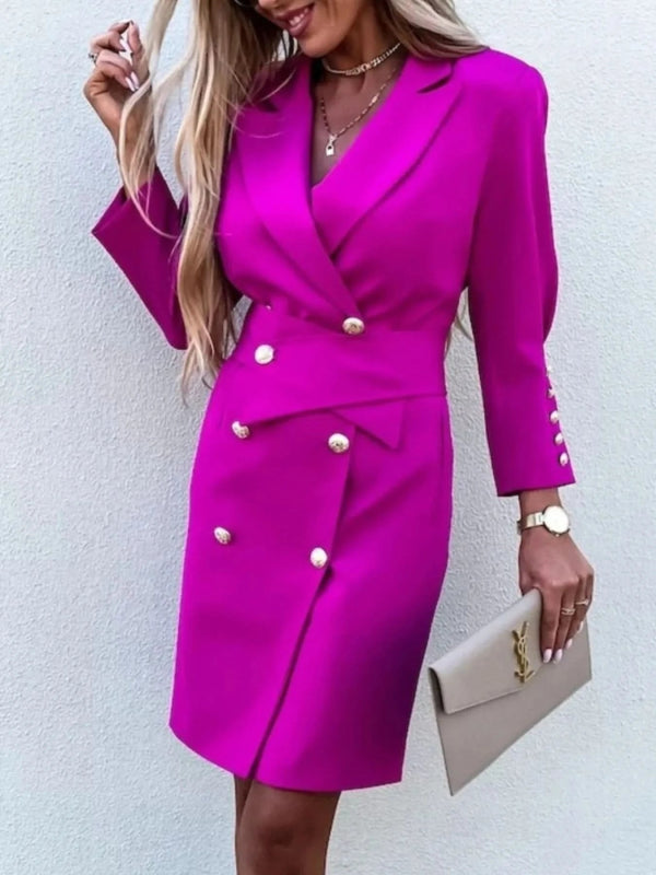 Double - Breasted Lapel Collar Longline Blazer - ShalayeFashion