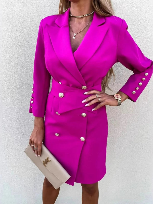 Double - Breasted Lapel Collar Longline Blazer - ShalayeFashion