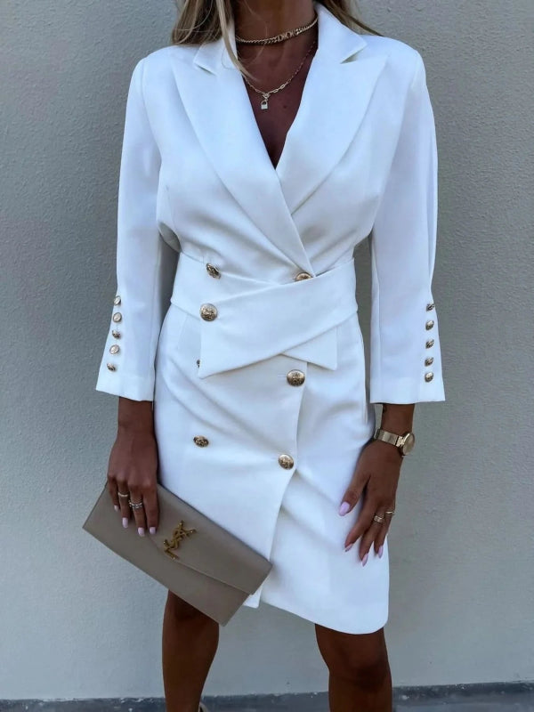 Double - Breasted Lapel Collar Longline Blazer - ShalayeFashion