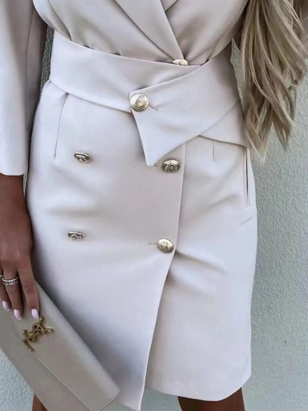 Double - Breasted Lapel Collar Longline Blazer - ShalayeFashion