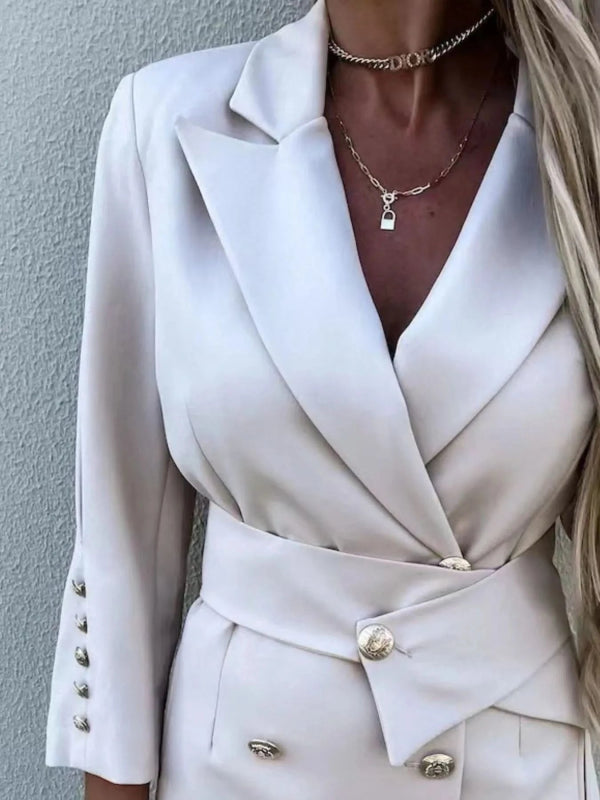 Double - Breasted Lapel Collar Longline Blazer - ShalayeFashion