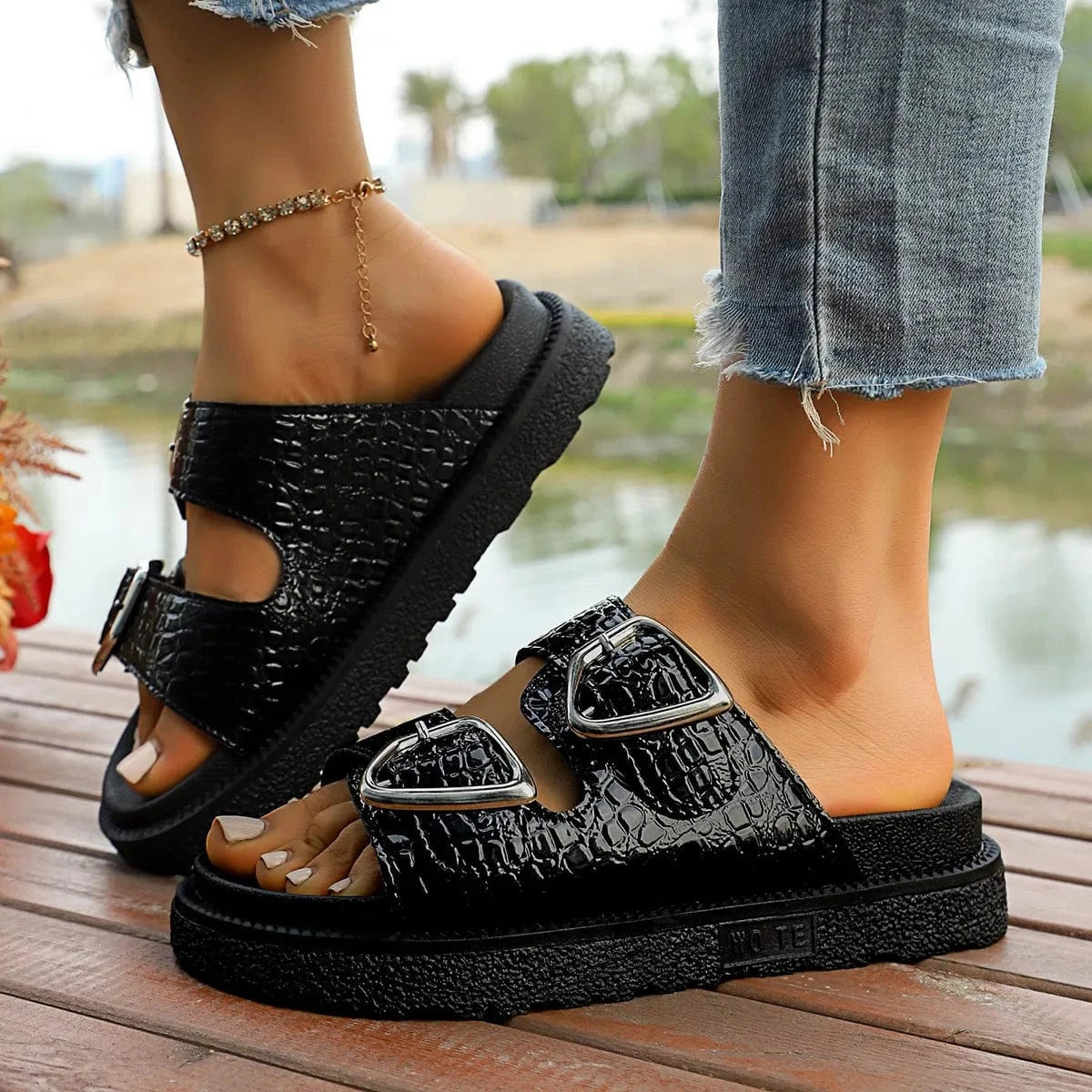 Double Buckle Platform Sandals - ShalayeFashion