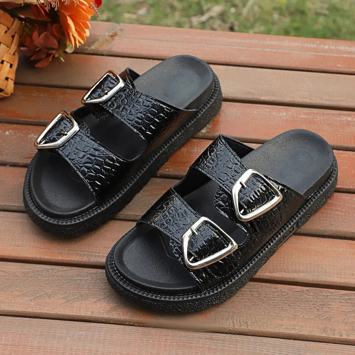 Double Buckle Platform Sandals - ShalayeFashion
