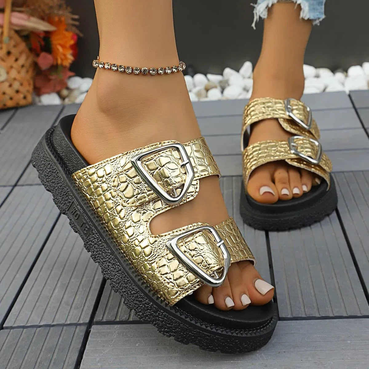 Double Buckle Platform Sandals - ShalayeFashion