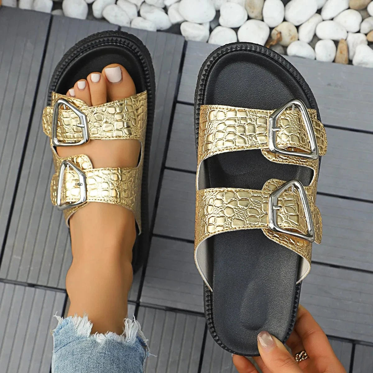 Double Buckle Platform Sandals - ShalayeFashion