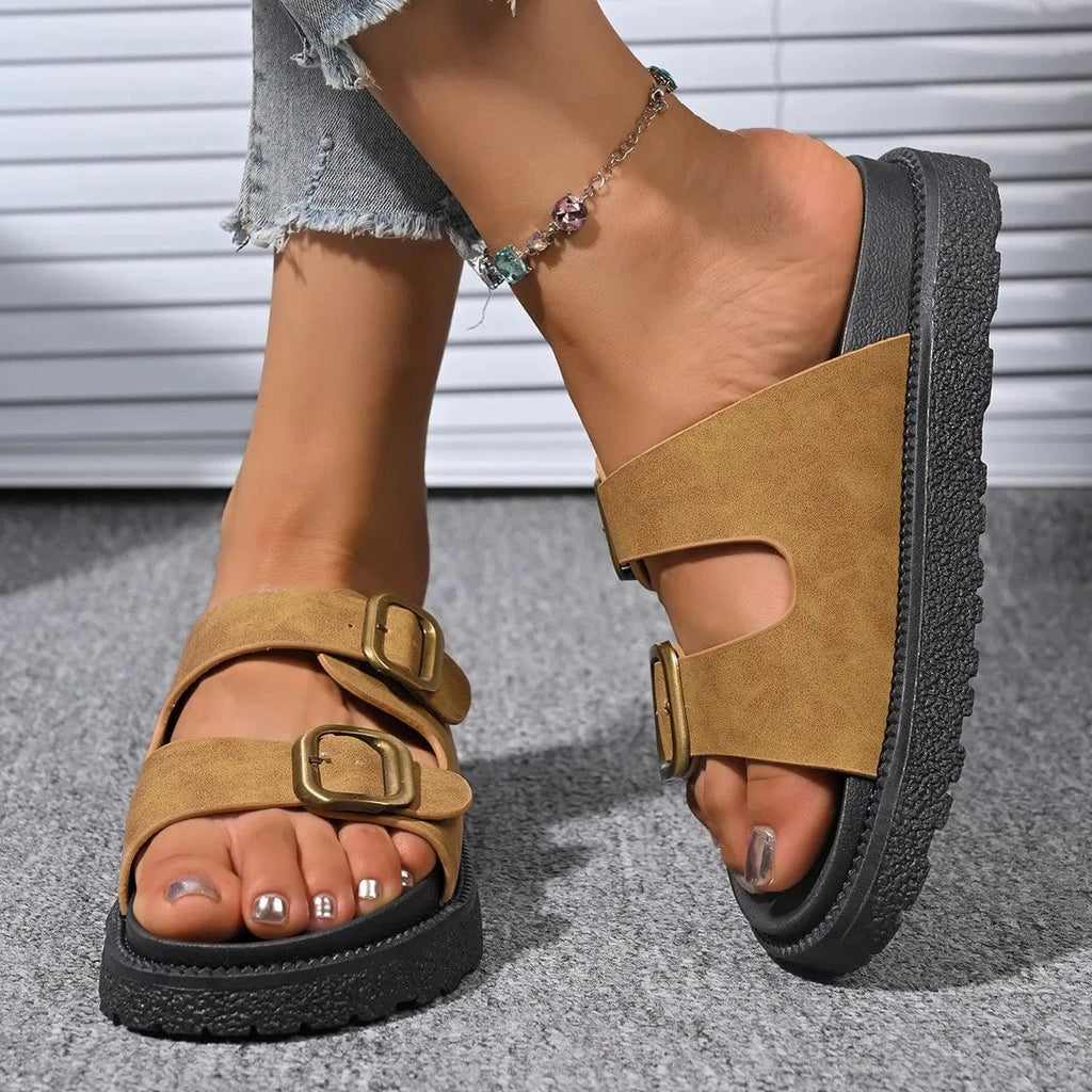 Double Buckle Slide Sandals - ShalayeFashion