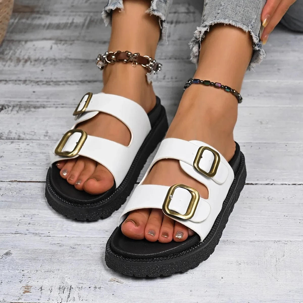 Double Buckle Slide Sandals - ShalayeFashion