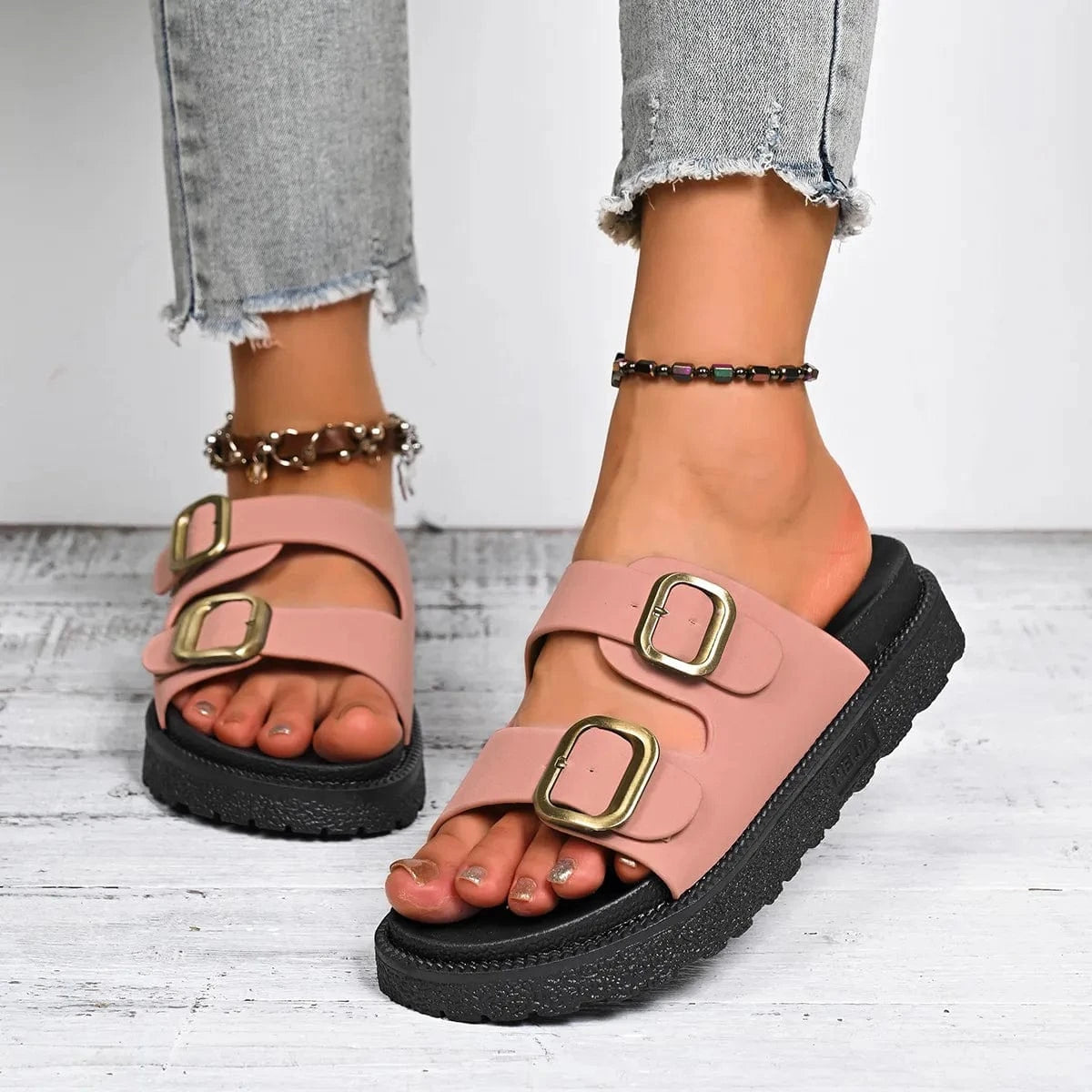 Double Buckle Slide Sandals - ShalayeFashion
