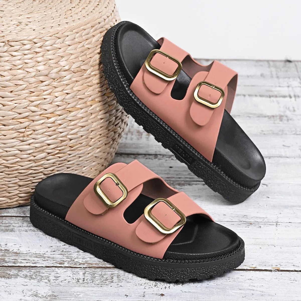 Double Buckle Slide Sandals - ShalayeFashion