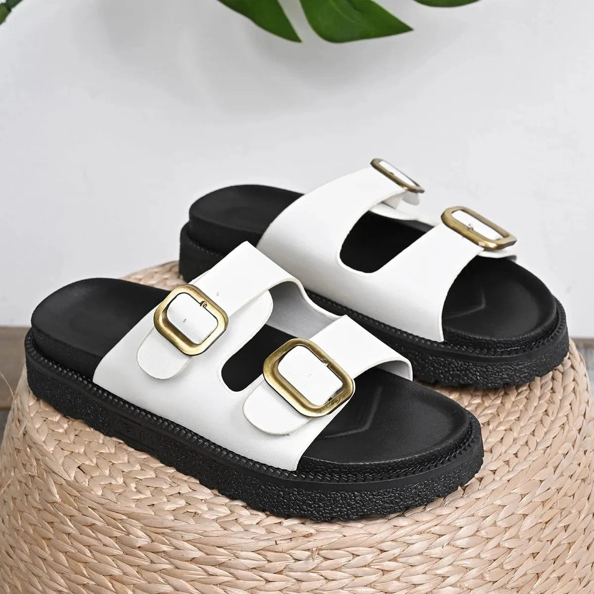 Double Buckle Slide Sandals - ShalayeFashion