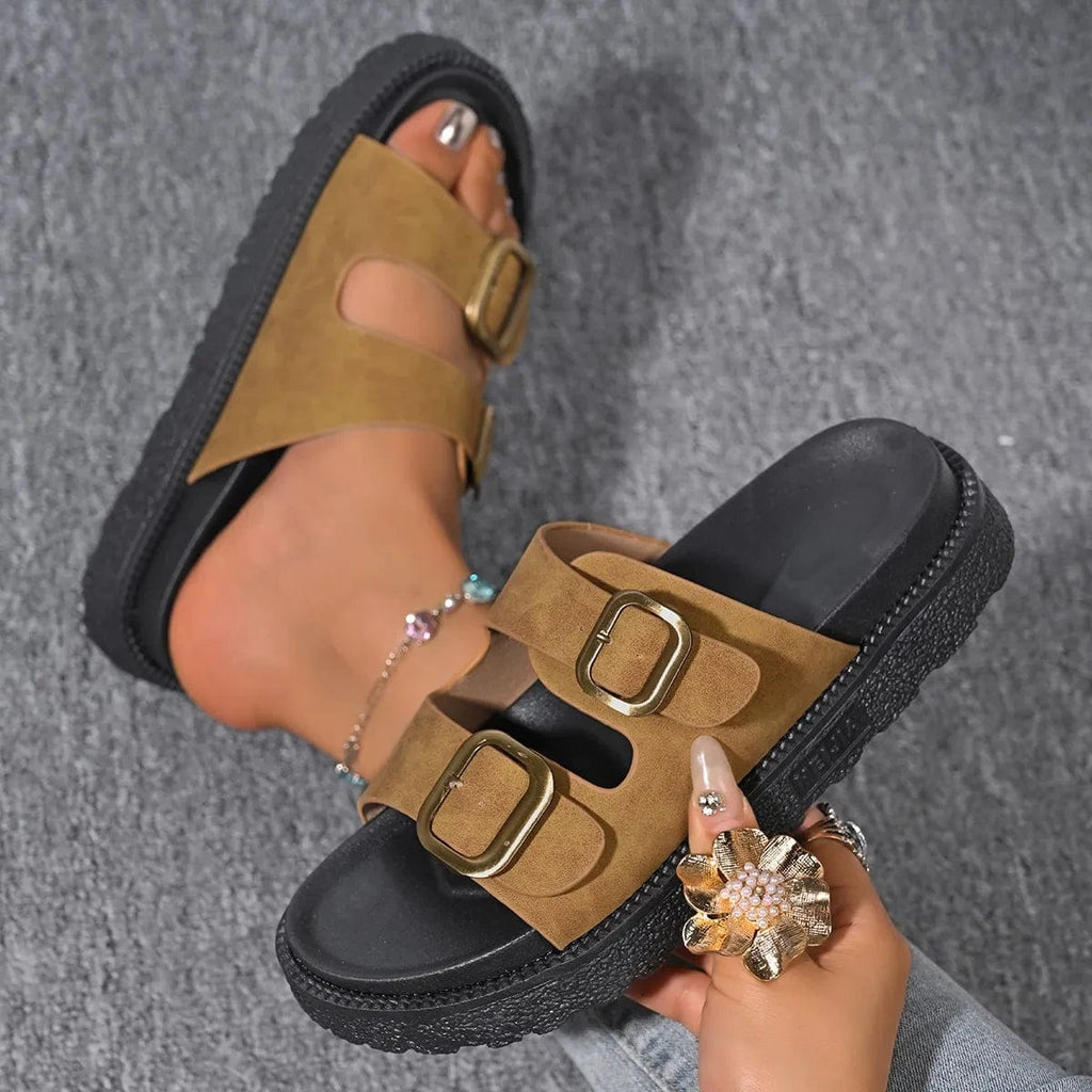 Double Buckle Slide Sandals - ShalayeFashion