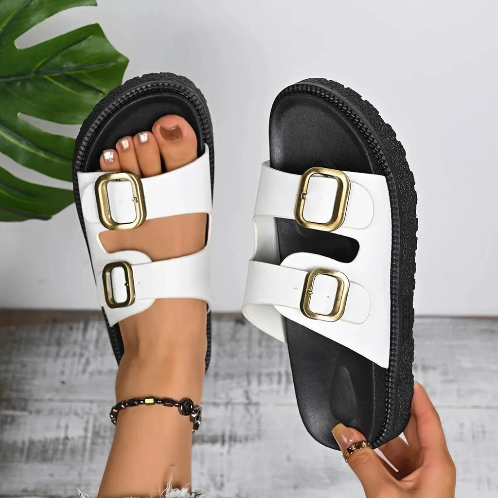 Double Buckle Slide Sandals - ShalayeFashion