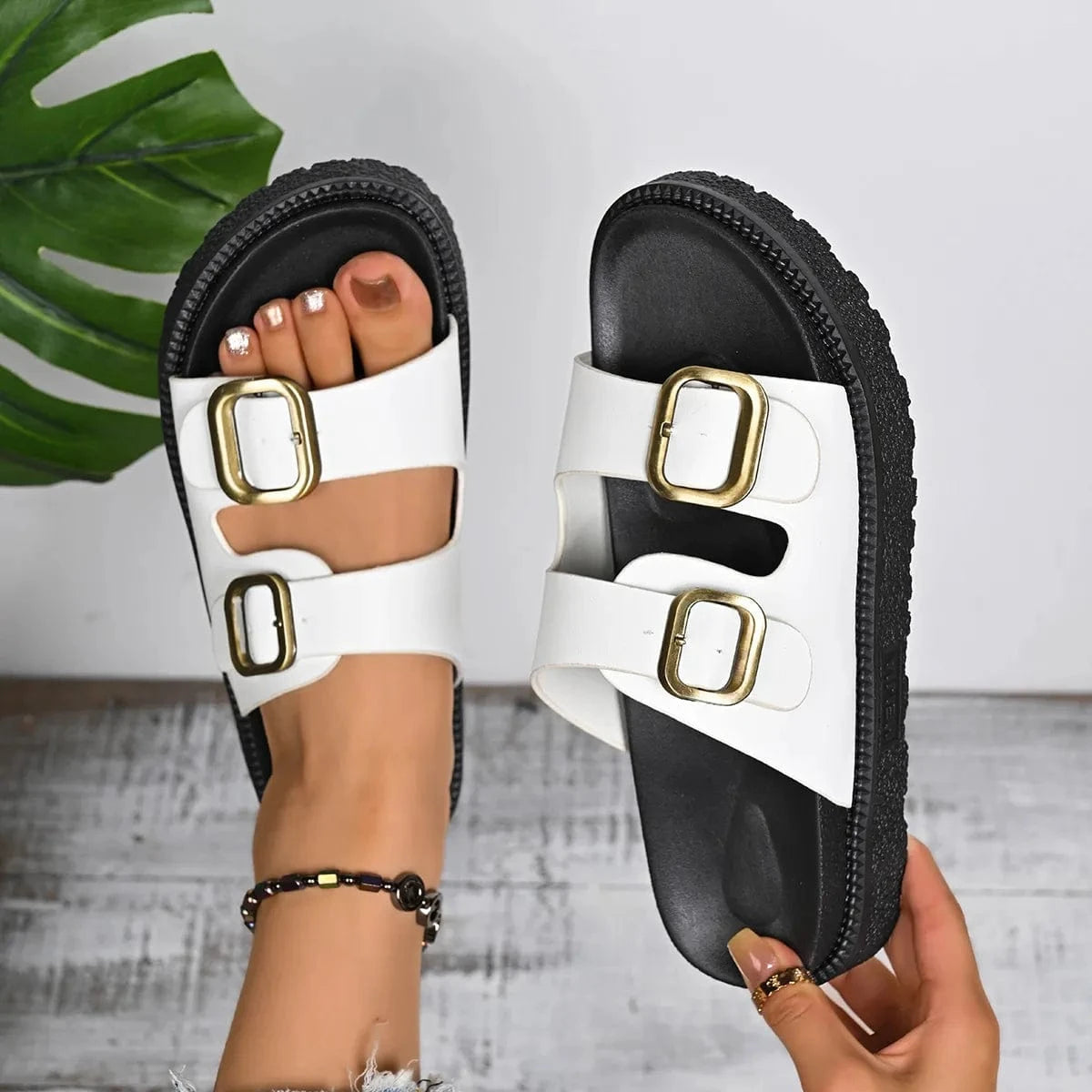 Double Buckle Slide Sandals - ShalayeFashion