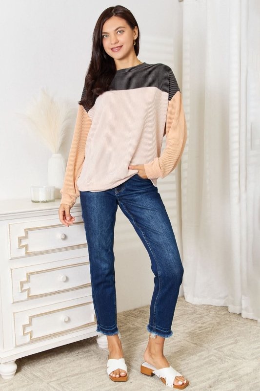 Double Take Color Block Dropped Shoulder T-Shirt - ShalayeFashion