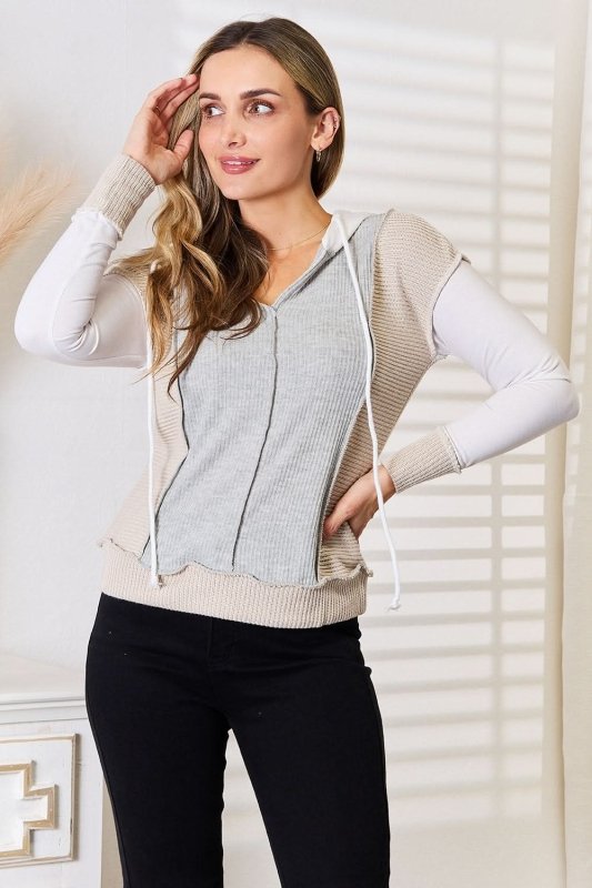 Double Take Color Block Exposed Seam Drawstring Hoodie - ShalayeFashion