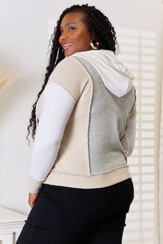 Double Take Color Block Exposed Seam Drawstring Hoodie - ShalayeFashion