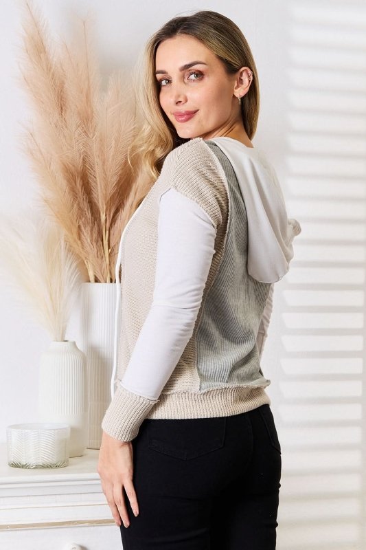 Double Take Color Block Exposed Seam Drawstring Hoodie - ShalayeFashion