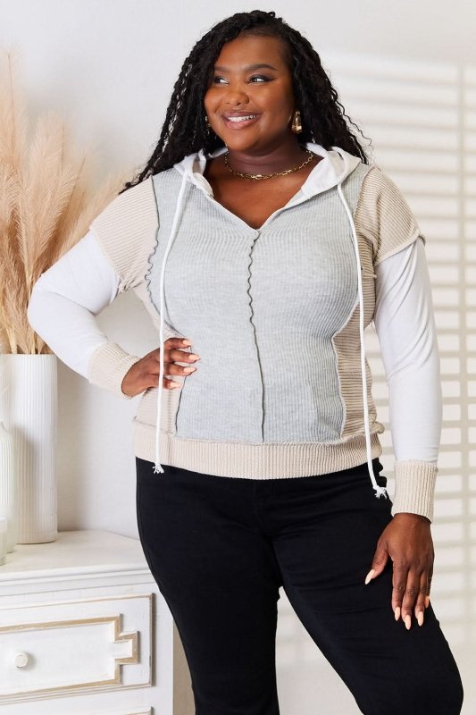 Double Take Color Block Exposed Seam Drawstring Hoodie - ShalayeFashion