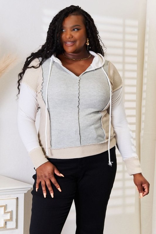 Double Take Color Block Exposed Seam Drawstring Hoodie - ShalayeFashion