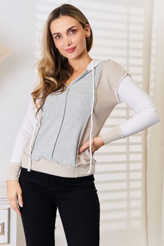 Double Take Color Block Exposed Seam Drawstring Hoodie - ShalayeFashion