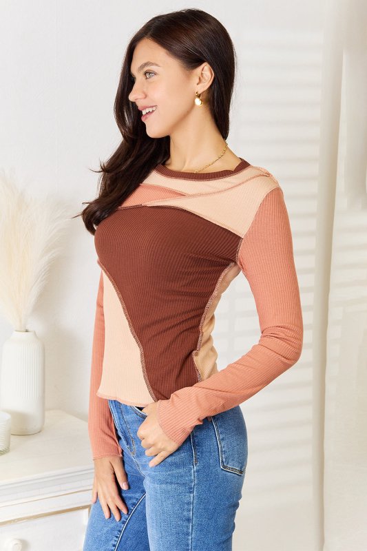 Double Take Color Block Exposed Seam Long Sleeve Top - ShalayeFashion