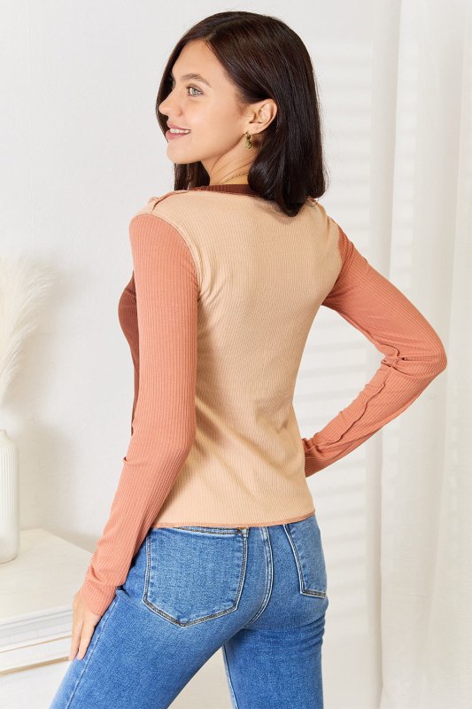 Double Take Color Block Exposed Seam Long Sleeve Top - ShalayeFashion