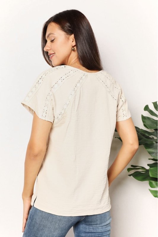 Double Take Crochet Buttoned Short Sleeves Top - ShalayeFashion