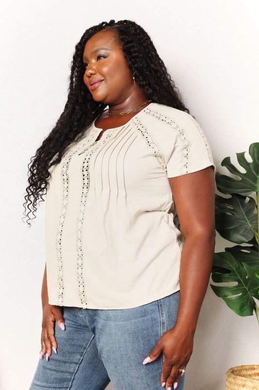 Double Take Crochet Buttoned Short Sleeves Top - ShalayeFashion