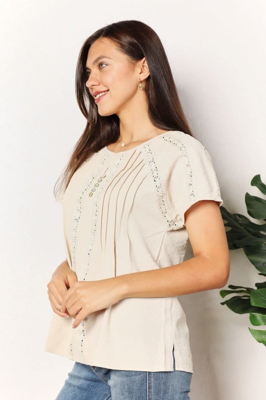 Double Take Crochet Buttoned Short Sleeves Top - ShalayeFashion