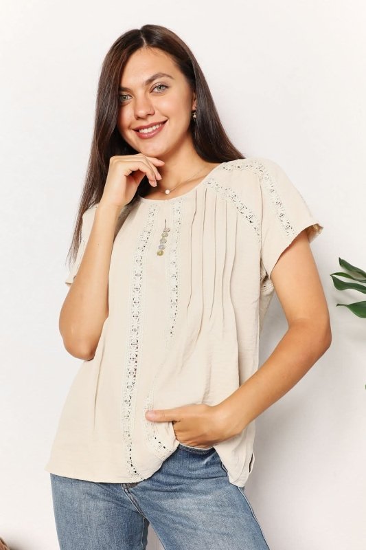 Double Take Crochet Buttoned Short Sleeves Top - ShalayeFashion