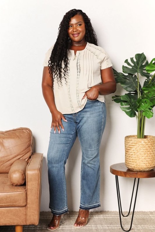 Double Take Crochet Buttoned Short Sleeves Top - ShalayeFashion
