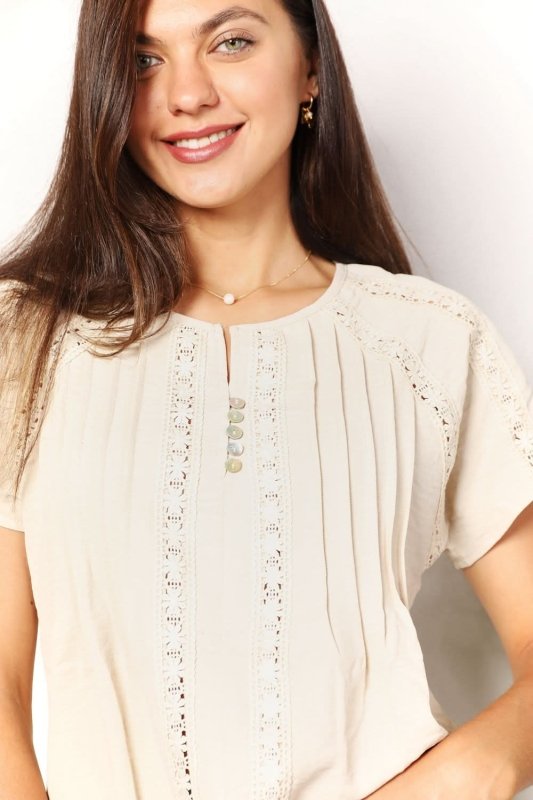 Double Take Crochet Buttoned Short Sleeves Top - ShalayeFashion