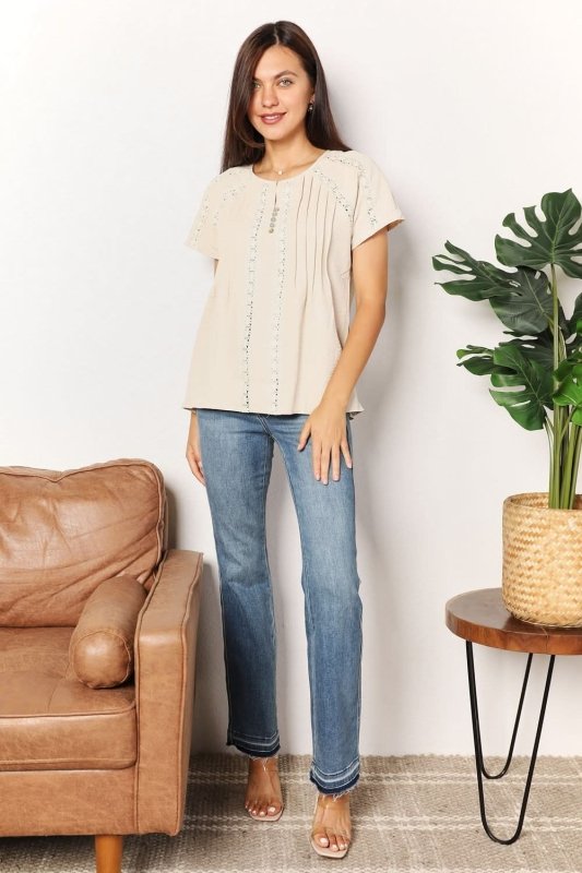 Double Take Crochet Buttoned Short Sleeves Top - ShalayeFashion