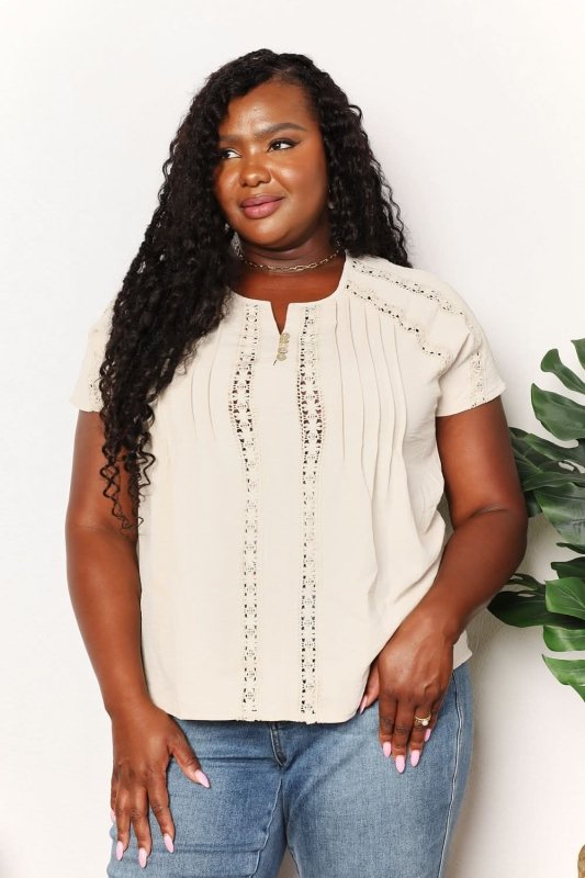 Double Take Crochet Buttoned Short Sleeves Top - ShalayeFashion