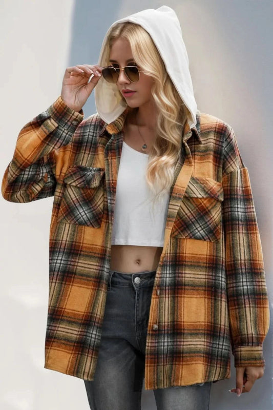 Double Take Drawstring Plaid Long Sleeve Hooded Shacket - ShalayeFashion