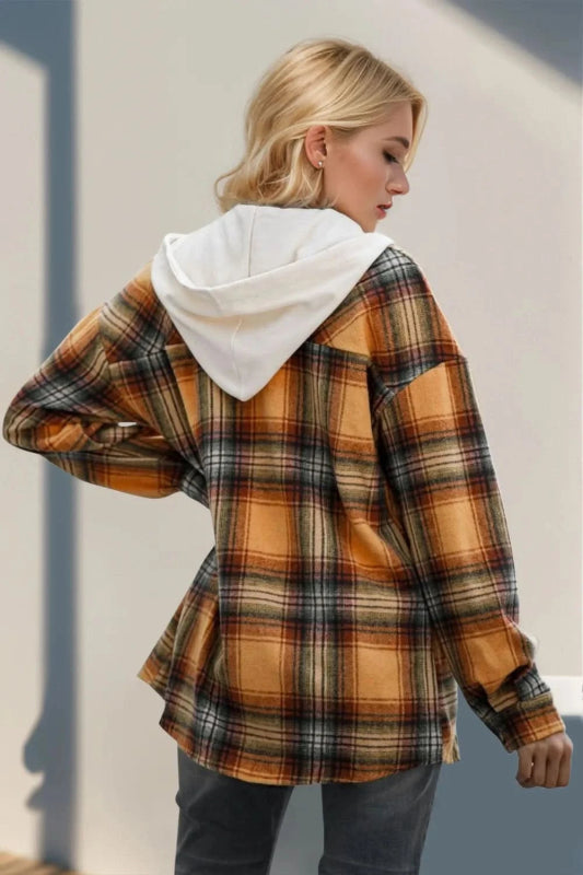 Double Take Drawstring Plaid Long Sleeve Hooded Shacket - ShalayeFashion