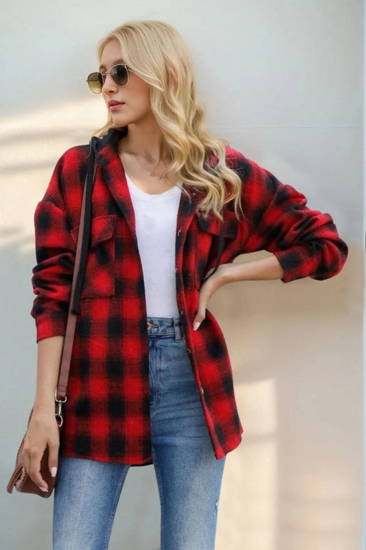 Double Take Drawstring Plaid Long Sleeve Hooded Shacket - ShalayeFashion