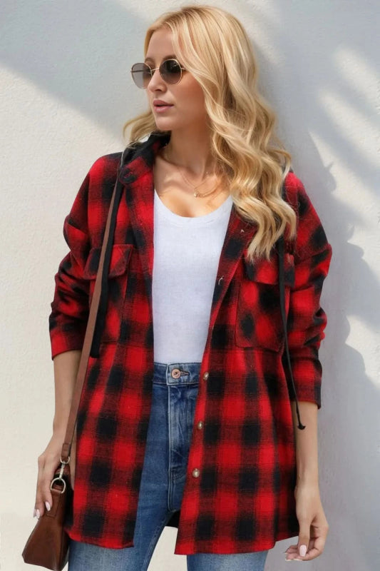 Double Take Drawstring Plaid Long Sleeve Hooded Shacket - ShalayeFashion