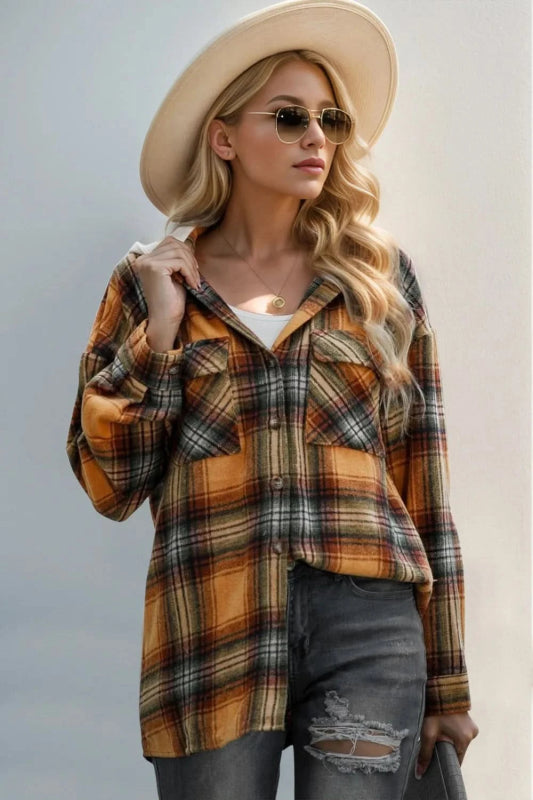 Double Take Drawstring Plaid Long Sleeve Hooded Shacket - ShalayeFashion